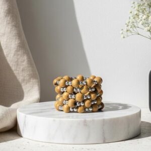 Bracelet artisanal en perles de bois et acier argenté