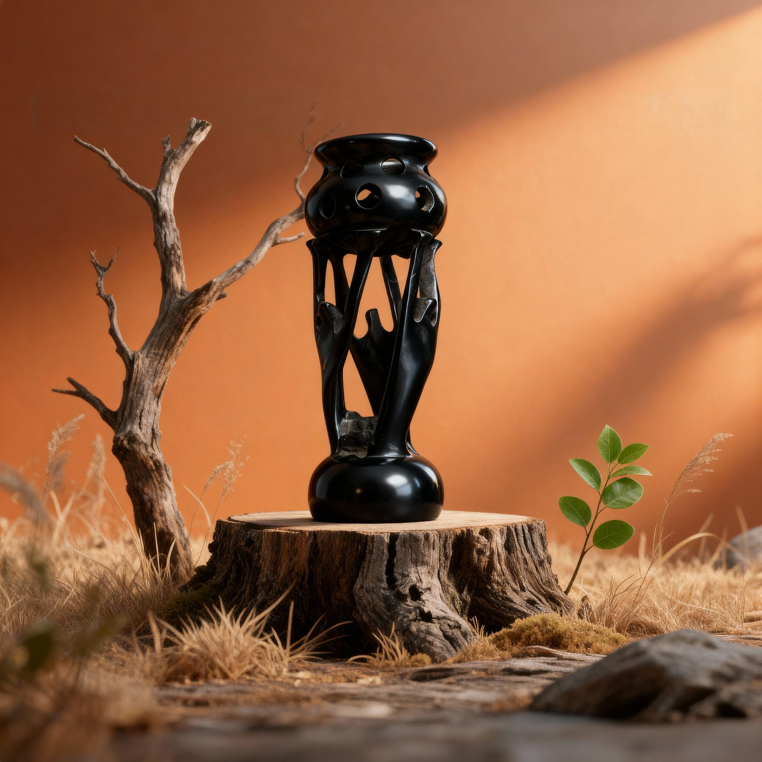 Jarre Trouée Décorative en Ébène Sculpté Main